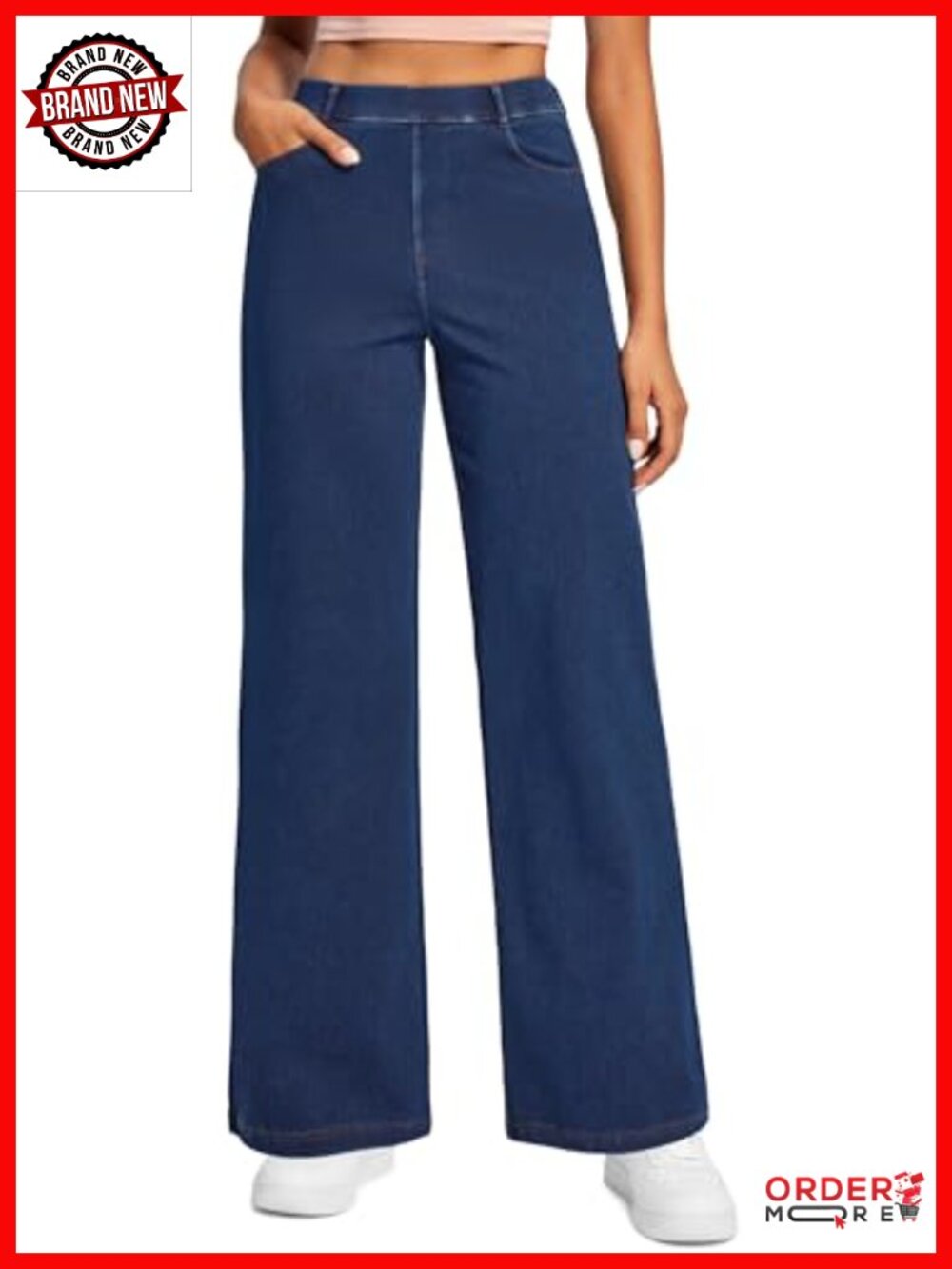 High Rise Wide Leg Pull On Stretch Jeans Women Casual 5 Pockets